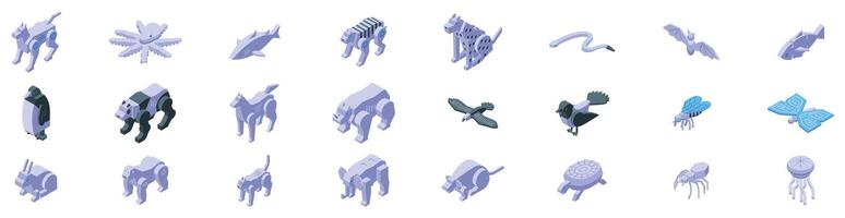 Mechanical animals icons set. Bio inspired robotics, exploring the future of animal like machines mimicking nature vector