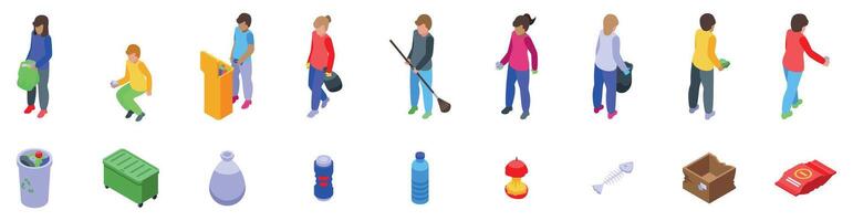 Children collecting trash icons set. Volunteers collecting garbage, cleaning environment isometric icons set vector