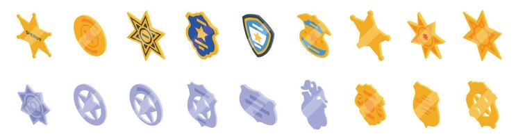 Sheriff badge icons set. Police badges and sheriff stars representing law enforcement in isometric view vector