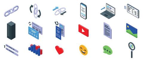 Backlink icons set. Backlink building strategy generating online traffic increasing website ranking vector