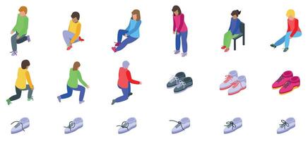 Children learn tie shoelaces icons set. People tying shoelaces in different positions and footwear icons set vector