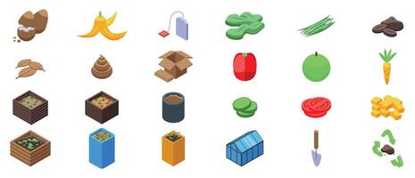 Composting icons set. Compost icons showing composting process, organic waste, and gardening tools vector