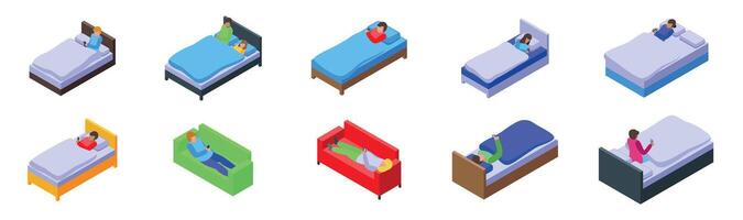 Bed phones icons set. People lying in bed or on sofa using their smartphones, resting and relaxing at home vector