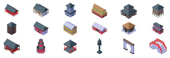 Traditional chinese house icons set. Exploring asian architecture, isometric icons of traditional buildings and structures vector