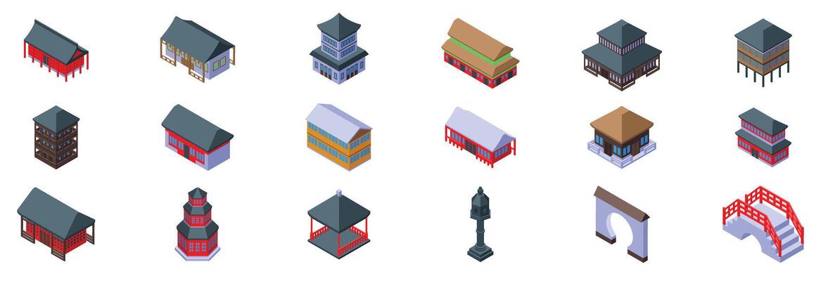Traditional chinese house icons set. Exploring asian architecture, isometric icons of traditional buildings and structures