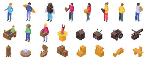 Kids cardboard boxes icons set. Children playing with cardboard boxes, unleashing creativity and imagination vector