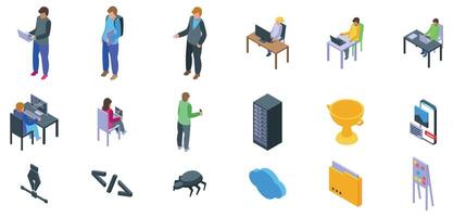 Hackathon icons set. Programmers working and developing software using computers, network, cloud and other technologies vector