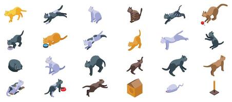 Behavior cat icons set. Cats posing in different situations isometric icons set vector
