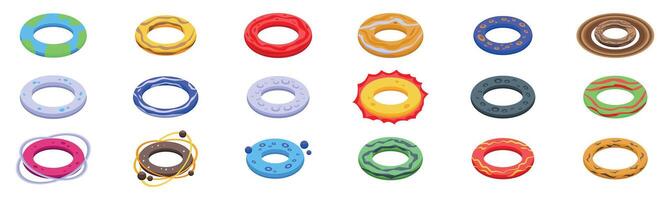 Donut planet icons set. Colorful torus icons representing different concepts and planets in isometric view vector