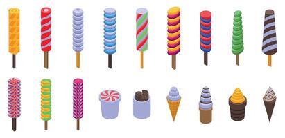 Spiral ice cream icons set. Colorful ice cream and popsicles refreshing summer treats icons set vector