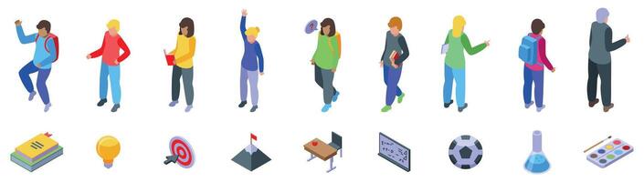 Motivation study icons set. School students learning, playing and interacting in educational environment vector