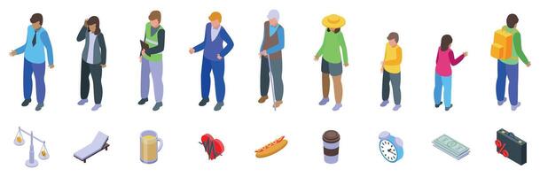 Work life balance icons set. Homeless people experiencing poverty and social issues with isometric icons of food and everyday objects vector