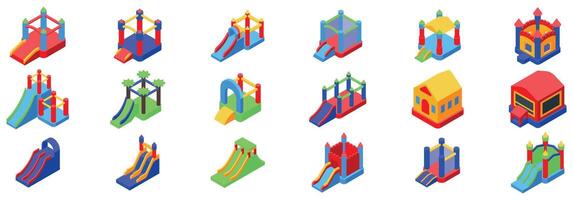 Inflatable bouncy house icons set. Inflatable bouncy houses and slides bringing joy to children s parties vector