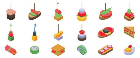 Buffet finger food appetizer icons set. Catering service presenting delicious and elegant appetisers with various toppings vector