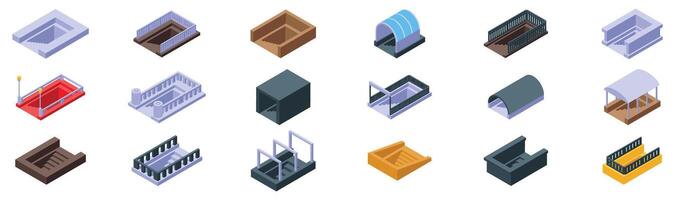 Underpass icons set. Underground passage entering and exiting leading down below street level with stairs and railings vector