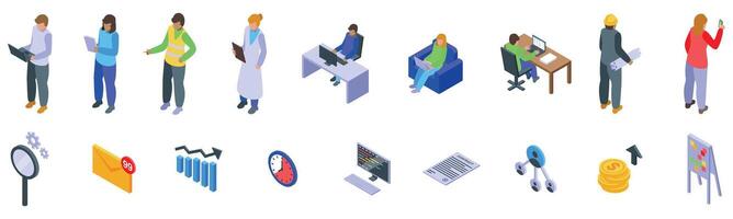 Workforce productivity icons set. Outsourcing team working remotely managing business via internet vector
