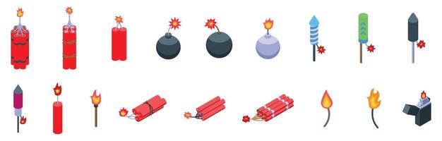 Burning fuse wick icons set. Dynamite bomb and firework exploding with lighter icons set vector
