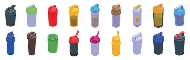 Shaker protein drink icons set. Collection of colorful shaker bottles in various designs vector