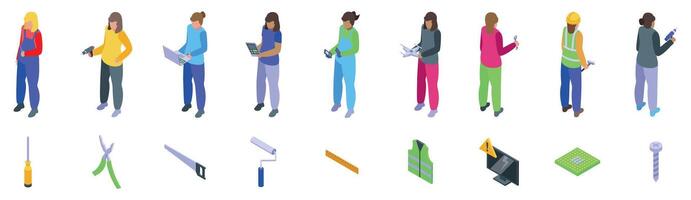 Woman holding screwdriver icons set. Construction workers using tools and technology for building and repair projects vector