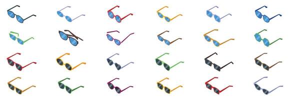 Broken glasses icons set. Colorful sunglasses protecting from sunlight in isometric view vector