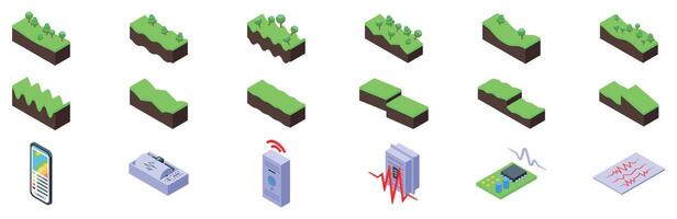 Seismic waves icons set. Earthquake measurement devices detecting and recording seismic activity vector