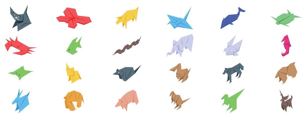 Origami paper animal icons set. Colorful origami animals representing wildlife diversity, folded paper art collection