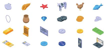 Evolution money icons set. Bartering items representing value exchange in different eras and cultures vector