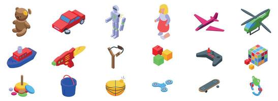 Broken toys icons set. Kids toys icons set showing playing, having fun, and learning vector