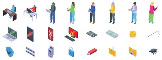 Bait hacking icons set. Cyber security threats and data protection measures in isometric icons vector