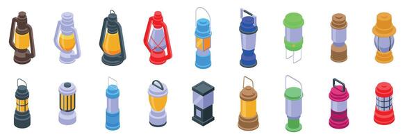 Camp lantern icons set. Assorted vibrant lanterns displayed in a row vector