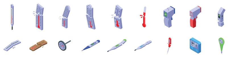Broken thermometer icons set. Thermometers measuring temperature, fever, and body heat, isometric icons of various types vector