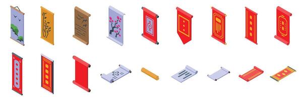 Chinese hanging scroll icons set. Collection of colorful decorative scroll illustrations vector