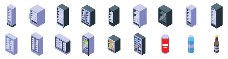 Refrigerator beverages icons set. Vending machine icons showing refrigerated drinks and snacks for sale vector