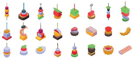 Buffet finger food appetizer icons set. Diverse assortment of colorful party appetizers vector