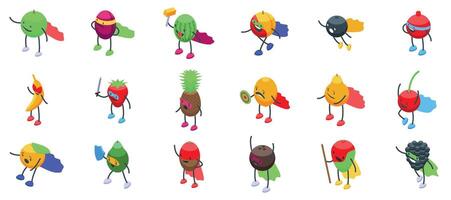 Superhero fruit icons set. Superhero fruits and berries posing in various dynamic actions vector