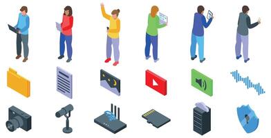 Electronic document management icons set. People using digital devices and multimedia content icons in isometric view vector