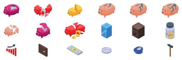 Broken piggy bank icons set. Piggy bank icons showing saving and spending money vector
