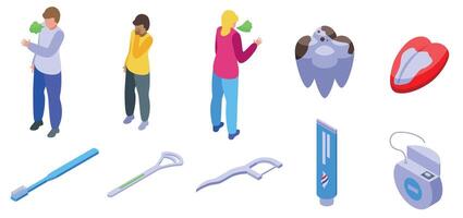 Halitosis icons set. People suffering from halitosis and using toothpaste, toothbrush, dental floss and tongue scraper vector