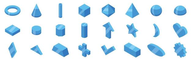 Glass figure icons set. Set of 3d geometric shapes representing various concepts in isometric view vector