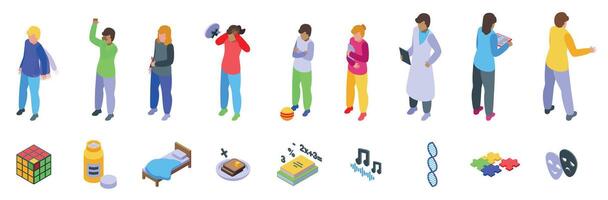 Autism symptoms icons set. Doctors examining patients with symptoms of dyslexia and related items vector