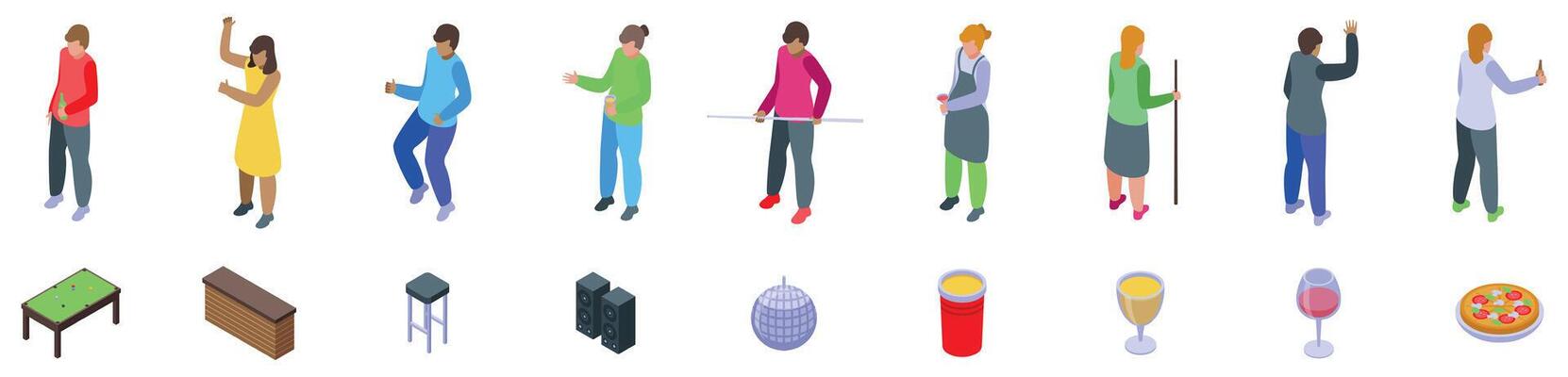Student nightlife icons set. People enjoying nightlife activities, dancing, playing billiards, and having drinks
