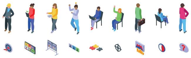 Focus group icons set. Assessment center isometric icons showing candidates taking tests and evaluations vector