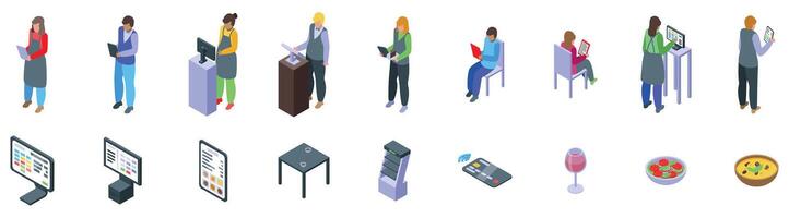 Waiter software icons set. Restaurant digital order service improving efficiency and customer experience vector