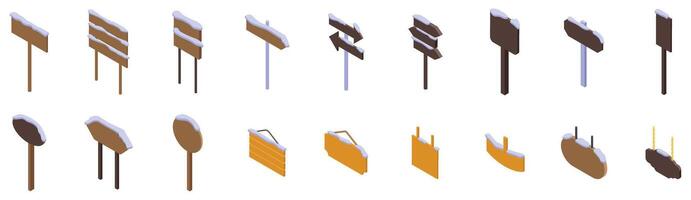 Wood signboard snow icons set. Wooden signposts covered with snow pointing in different directions vector