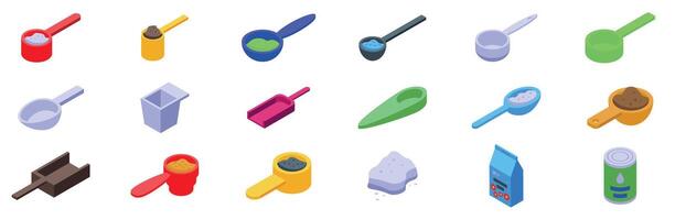 Measuring scoop icons set. Measuring spoons and scoops for protein powder, detergent, and other substances vector