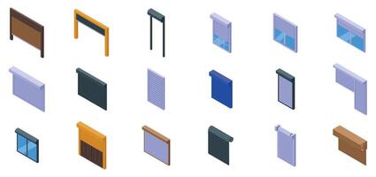 Roller shutter up icons set. Rolling shutters protecting homes and businesses, isometric icons collection vector