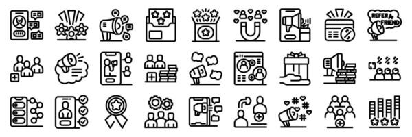 Refer friend icons set. Referral program increasing customer base with engaging marketing strategies vector