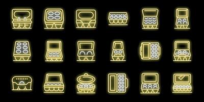 Egg carton icons set, packaging for chicken eggs, open and closed cardboard or plastic egg container, bright neon yellow and white lines on black background vector