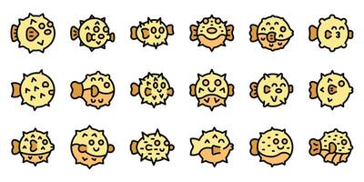 Set of pufferfish icons showing various expressions and poses vector