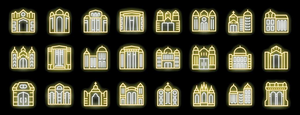 Embracing architectural diversity, neon icons of government buildings, religious structures, and cultural landmarks